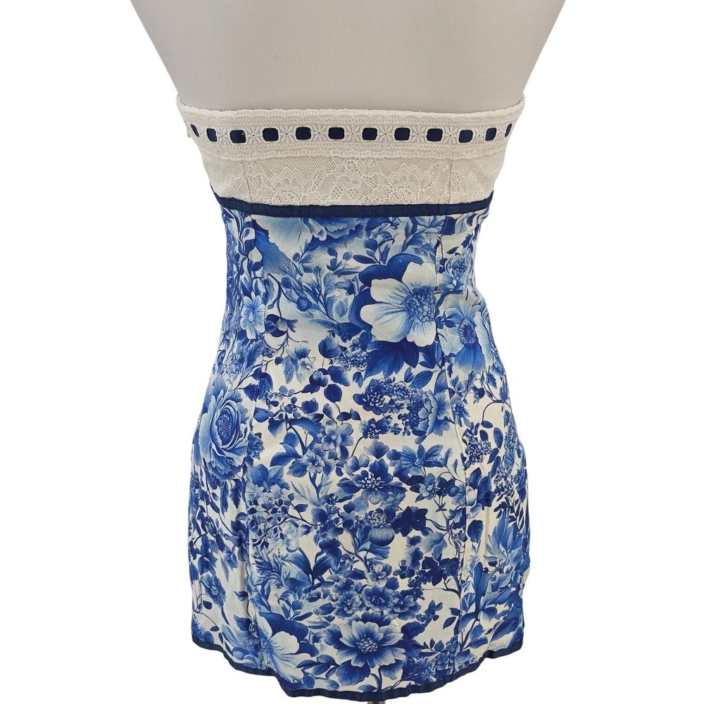 Anthropologie Maeve Women S Toile Floral Strapless Tie Front Mini Dress NWT Blue - Picture 6 of 16